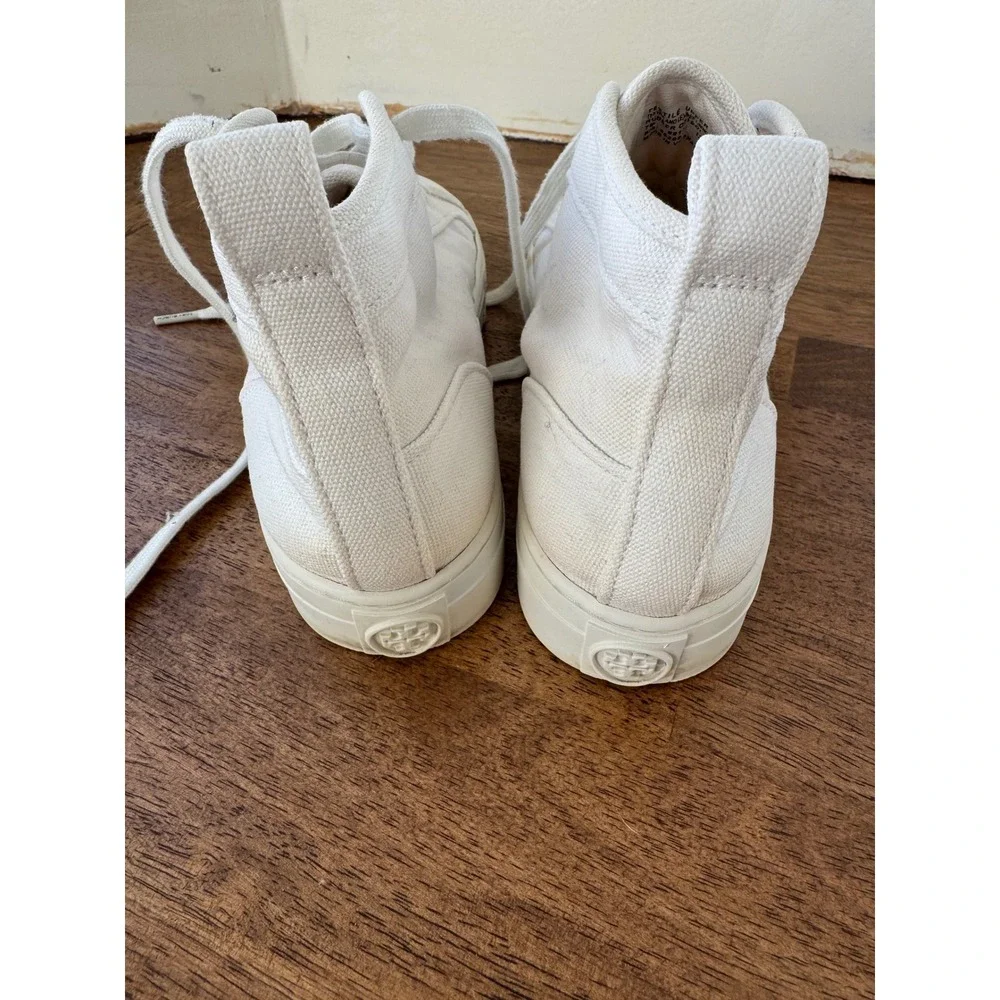 Tory Burch Howell High Top Sneakers White Canvas Black Logo Womens 7M